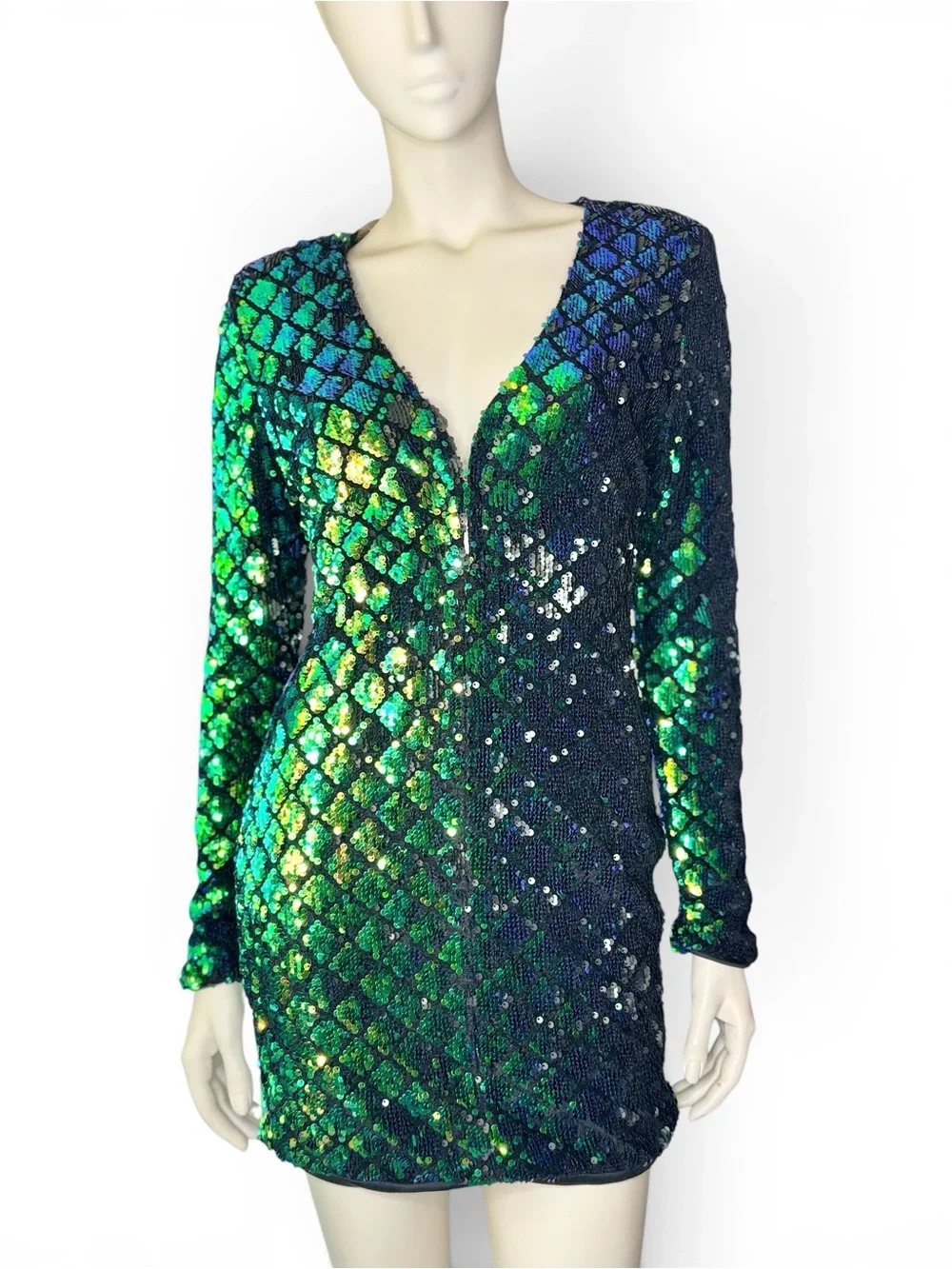 Sequin Mermaid Green-Blue V-Neck Mini Dress